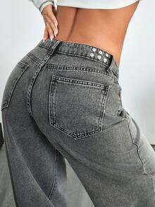 EURMUSE 低腰休闲牛仔风格女式牛仔裤，适合日常穿着 - 灰色 - 查看 3