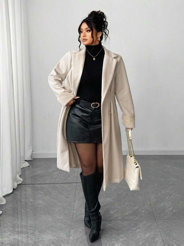 SHEIN Tall CURVE Abrigo de mujer talla grande con cuello vuelto, elegante, de doble botonadura, cintura ceñida y puños de piel sintética