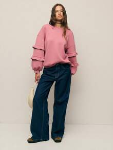 Nöista 粉色宽松运动衫，分层荷叶边袖子，休闲款式，非常适合女性时尚优雅的秋季时尚。 - 紅色 - 查看 4