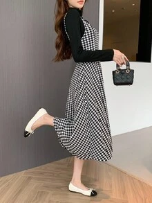 少女 2 件套：黑色千鸟格印花连衣裙和黑色高领修身 T 恤，优雅办公室套装千鸟格连衣裙中长连衣裙休闲连衣裙格子连衣裙格纹连衣裙长袖连衣裙 16 岁中长款女孩连衣裙长袖连衣裙长裙女孩 - 黑與白 - 查看 6