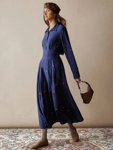 Váy dài tay thanh lịch, dáng dài vừa phải dành cho nữ, phong cách Bohemian mùa thu/đông, trang phục công sở thường ngày dự tiệc tốt nghiệp dành cho nữ - Màu xanh lam - Xem 6