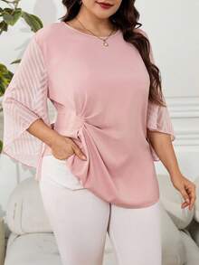 SHEIN Clasi 大码优雅通勤提花拼布喇叭袖衬衫 大码上衣 大码粉色上衣 秋季有袖上衣 粉色有袖上衣 大码休闲上衣 大码秋季上衣 女士教师装 女士办公室装 女士教师机场装 大码女装 外出秋装 女士衬衫 女士上衣 教师衬衫 可爱衬衫 长袖衬衫 趣味衬衫，女士秋季服装 - 粉色 - 查看 2