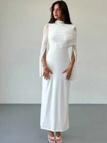 Aloruh Đầm ôm sát cổ cao thanh lịch thiết kế mới, xẻ tà bất đối xứng, tay dài, dáng ôm, chất liệu tương phản, đầm tay loe - trắng - Xem 3