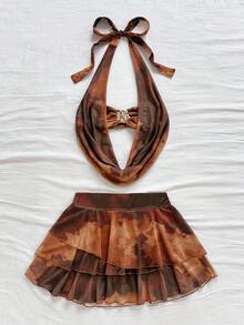 Soleia 女式日落渐变色低胸花卉金属扣装饰露背上衣和多层荷叶边下摆迷你裙 2 件套，休闲度假海滩巡航假日鸡尾酒会礼服，适合所有季节、音乐节、波西米亚度假 - 彩色 - 查看 7