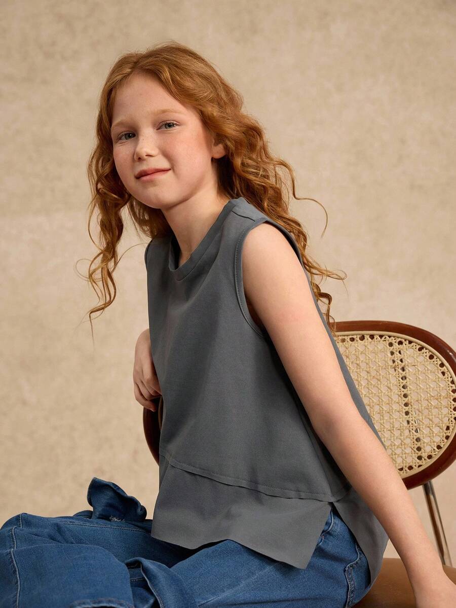 2025 Spring/Summer New Casual Comfortable Asymmetrical Hem Dark Grey Tween Girls Tank Top, Suitable For Daily Wear, Outdoor Activities And Family Vacation Gatherings - Grey - View 1