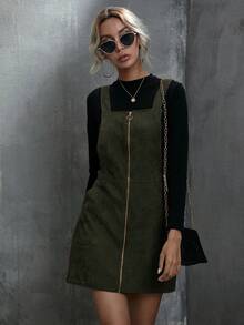 LanaWest O-Ring Zip Up Corduroy Overall Dress - Army Green - View 6