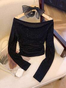 GlowEve Women's Shiny Pleated Off Shoulder Long Sleeve Fashion T-Shirt - Black - View 2