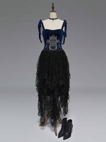 ROMWE Gothic Palace Style Vine & Church Decor Lace-Up Corset Bustier For Women, Halloween