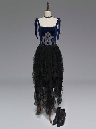 Goth Corpetto stile gotico palazzo con decorazioni a motivi floreali e chiesa, con lacci, per donne, adatto per Ognissanti