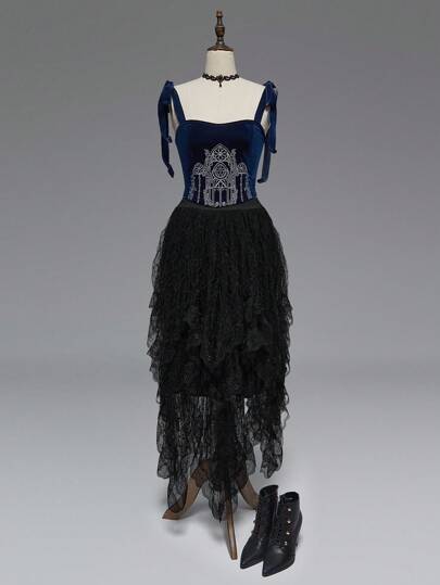 Goth Corpetto stile gotico palazzo con decorazioni a motivi floreali e chiesa, con lacci, per donne, adatto per Ognissanti