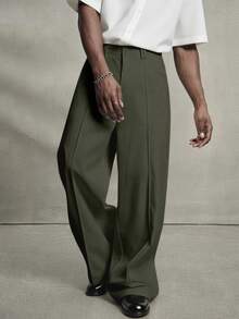 PAVTROS 男士休闲纯色阔腿裤橄榄绿裤子阔腿裤，适合秋季 - 軍綠色 - 查看 4