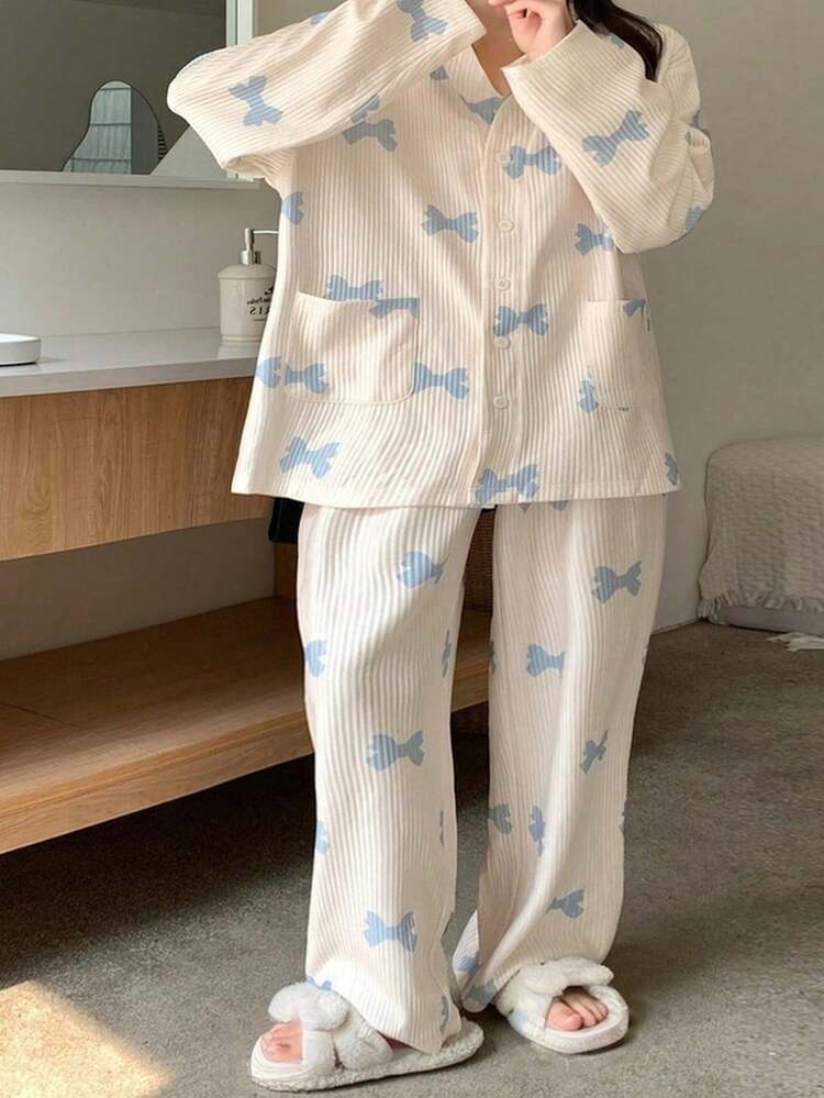 Dazy Plus Bow Print Floral Casual Loose Top And Pants Pajama Set, Plus Size Women Autumn Sleepwear, Fall Winter Clothes, Cozy Outfit