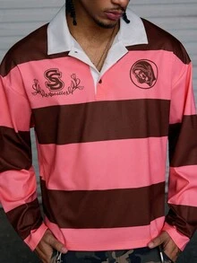 AXEPEAK 男士休闲时尚街头风格撞色条纹印花长袖 Polo 衫，适合秋季 - 粉色 - 查看 5