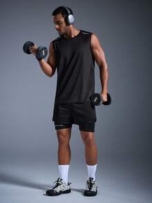 DRIFTMERE Casual Outdoor Sports Set, Black Sports Tank Top And Breathable Shorts Set, Fashion, Comfortable, Breathable, Suitable For Summer Outdoor Sports, Running, Hiking Spring To Summer, Men Sports Comfort And Soft Tracksuits, For Daily Sports Leisure And Gym Fitness, Athleisure Style, Sporty Fashion - Black - View 2