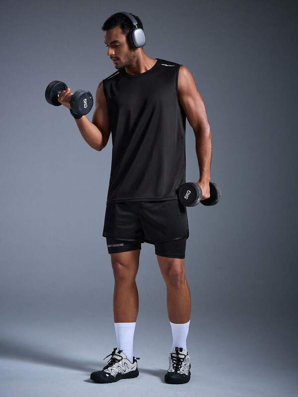  DRIFTMERE 休闲户外运动套装，黑色运动背心和透气短裤套装，时尚舒适透气，适合夏季户外运动、跑步、徒步旅行等春夏季节穿着，男士运动舒适柔软的运动服，适合日常运动休闲和健身房锻炼，运动休闲风格，运动时尚