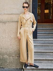 Lumivelle 女式休闲纯色翻盖细节扣带半纽扣连体裤，春秋 - 卡其色 - 查看 7