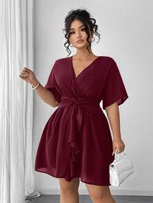 Rometta 性感交叉系带小礼服荷叶边下摆雪纺连衣裙，夏季新款深V领荷叶边袖纯色收腰连衣裙，法式扭结修身短袖连衣裙黑色连衣裙小黑裙 - 酒紅色 - 查看 9