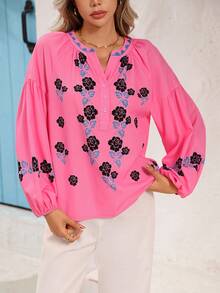 Vivid Eden Top casual à manches lanternes avec imprimé floral et encolure avec trou de serrure, automne - Rose bonbon - Voir 8