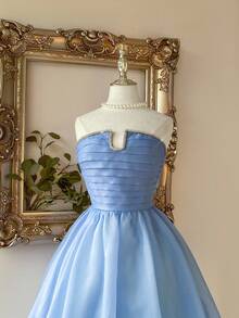 Lovelzi 优雅浪漫的蓝色欧根纱褶皱钢圈收腰喇叭长裙，适合生日派对、约会、婚礼、晚会、舞会礼服 - 藍色 - 查看 7