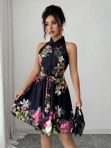 Elenzga Váy đi nghỉ thanh lịch cổ yếm in hoa dành cho nữ - Nhiều màu - Xem 5