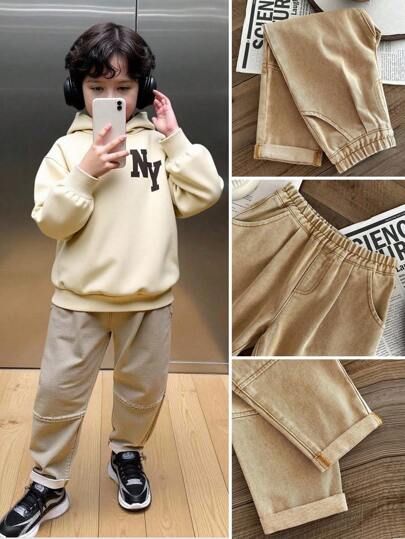 SHEIN Young Boy Fall/Winter Fashion Vintage Casual Soft Cute Basic Simple Style Khaki Denim Split Design Loose Fit Tapered Cuffed Jeans,For Boys Costume Dailywear Fall/Winter ,Boys Streetwear,Toddler Boys Christmas,Boys Back-To-School And Night Out,Toddler Boys Jeans