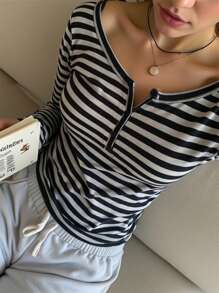 SHEIN 少女黑灰色条纹半拉链休闲简约针织长袖 T 恤 - 黑色 - 查看 3