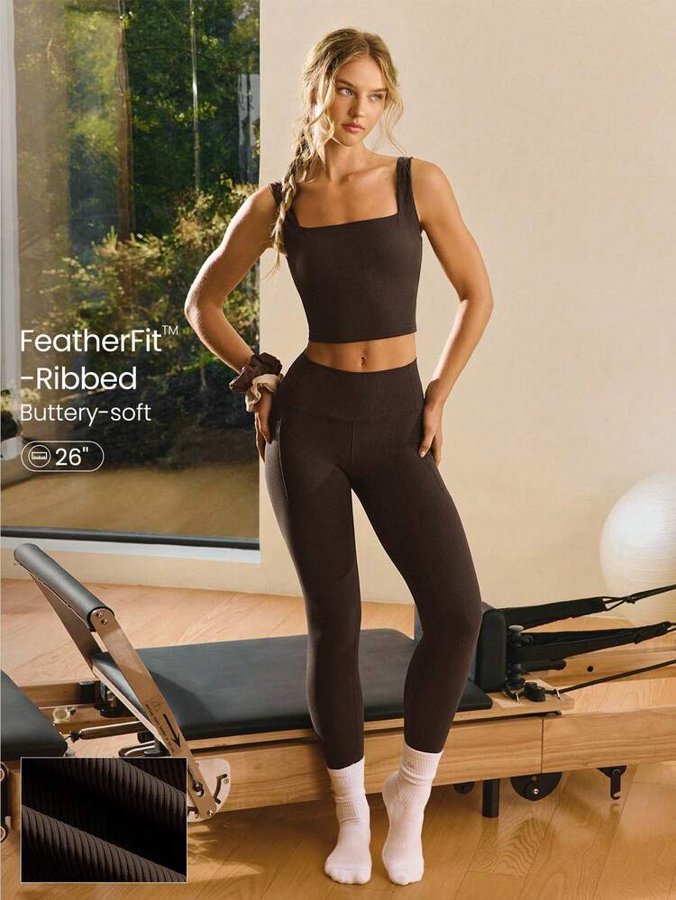 26" FeatherFit™-Ribbed No Front Seam Side Pockets High-Rise Waist Leggings Low Impact Yoga Pilates Studio Daily Casual Wear  Spring Summer