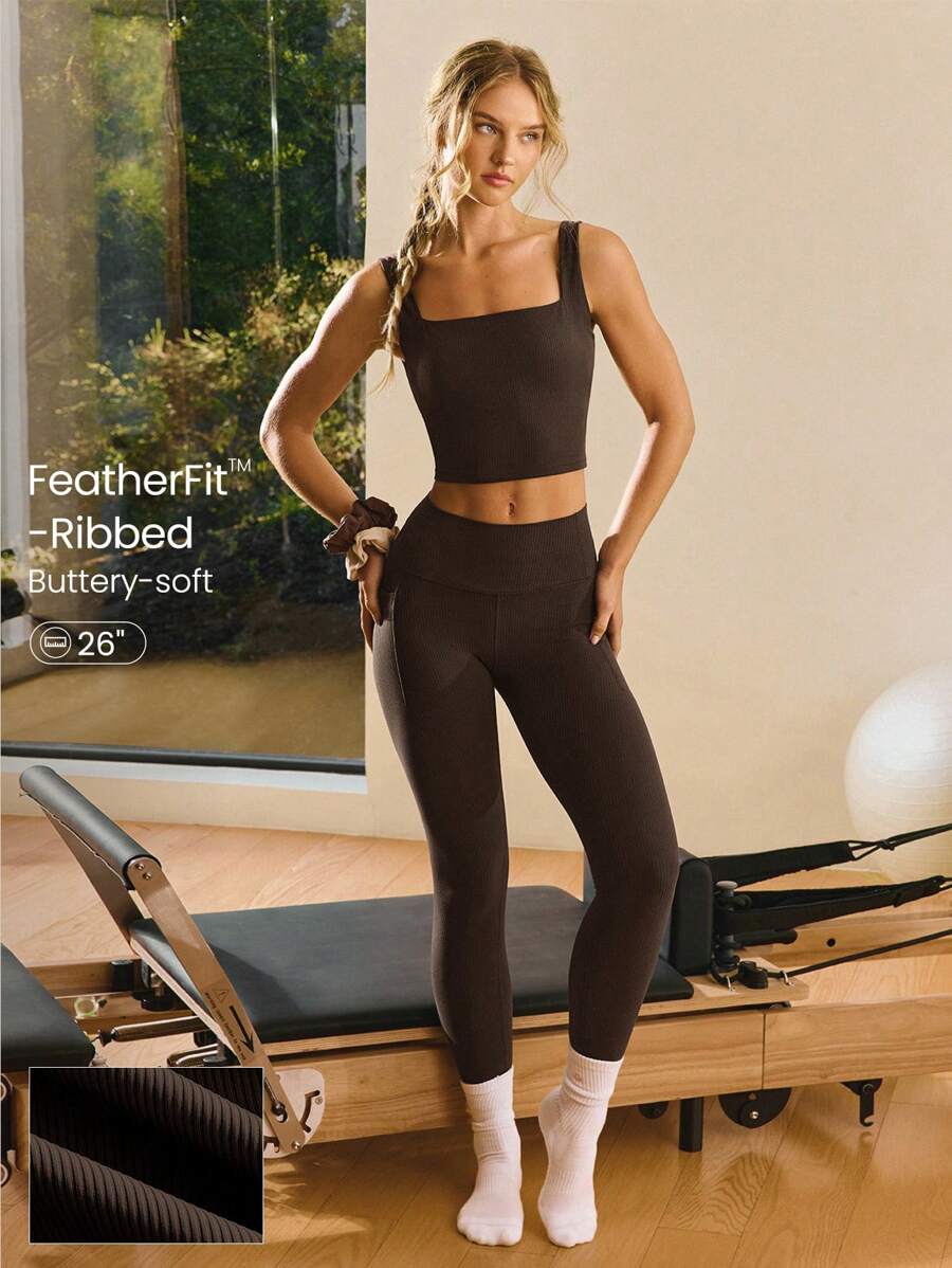 GLOWMODE 26英寸FeatherFit™罗纹无前缝侧袋高腰紧身裤低冲击瑜伽普拉提工作室日常休闲装 - 巧克力棕 - 查看 1