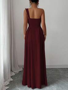 Elenzga 不对称大蝴蝶结腰A字优雅浪漫女装 - 酒紅色 - 查看 2