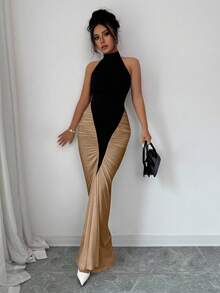 Elenzga 女士黑白拼色露背收腰鱼尾下摆优雅连衣裙，适合通勤和日常穿着 - 彩色 - 查看 4