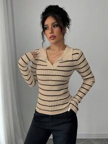 SHEIN PETITE 女式经典条纹时尚 Polo 领翻领修身短款针织套头衫，秋冬 - 杏色 - 查看 3