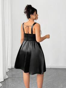 Elenzga Vestido de satén tejido con decoración de lazo para mujer de talla grande, estilo gótico femenino oscuro y preparatorio - Negro - Ver 2