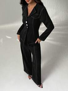 SHEIN PETITE 纽扣长袖衬衫和休闲裤套装 - 黑色 - 查看 6