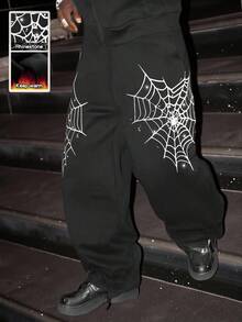 Manfinity EMRG Men's Wide Leg Sweatpants With Spider Pattern Print,Black And White,Summer,Streetwear,City Break,Y2k Loose Drawstring Waist Fashionable Street Wear - Black - View 6