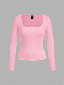 SHEIN EZwear 两件套加大码女式纯色圆领上衣套装，休闲长袖T恤衫，适合秋冬季穿着 - 彩色 - 查看 3