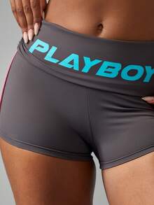 Missguided x Playboy 高腰运动短裤，腰带带有标志，适合运动训练和瑜伽锻炼 - 彩色 - 查看 3