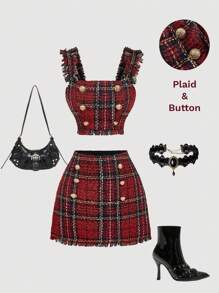 SHEIN MOD 女士红黑格子背心和迷你裙套装 - 紅色 - 查看 1