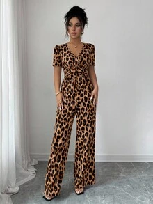 Elenzga Ladies' Elegant Vacation And Casual Summer Leopard Print Jumpsuit