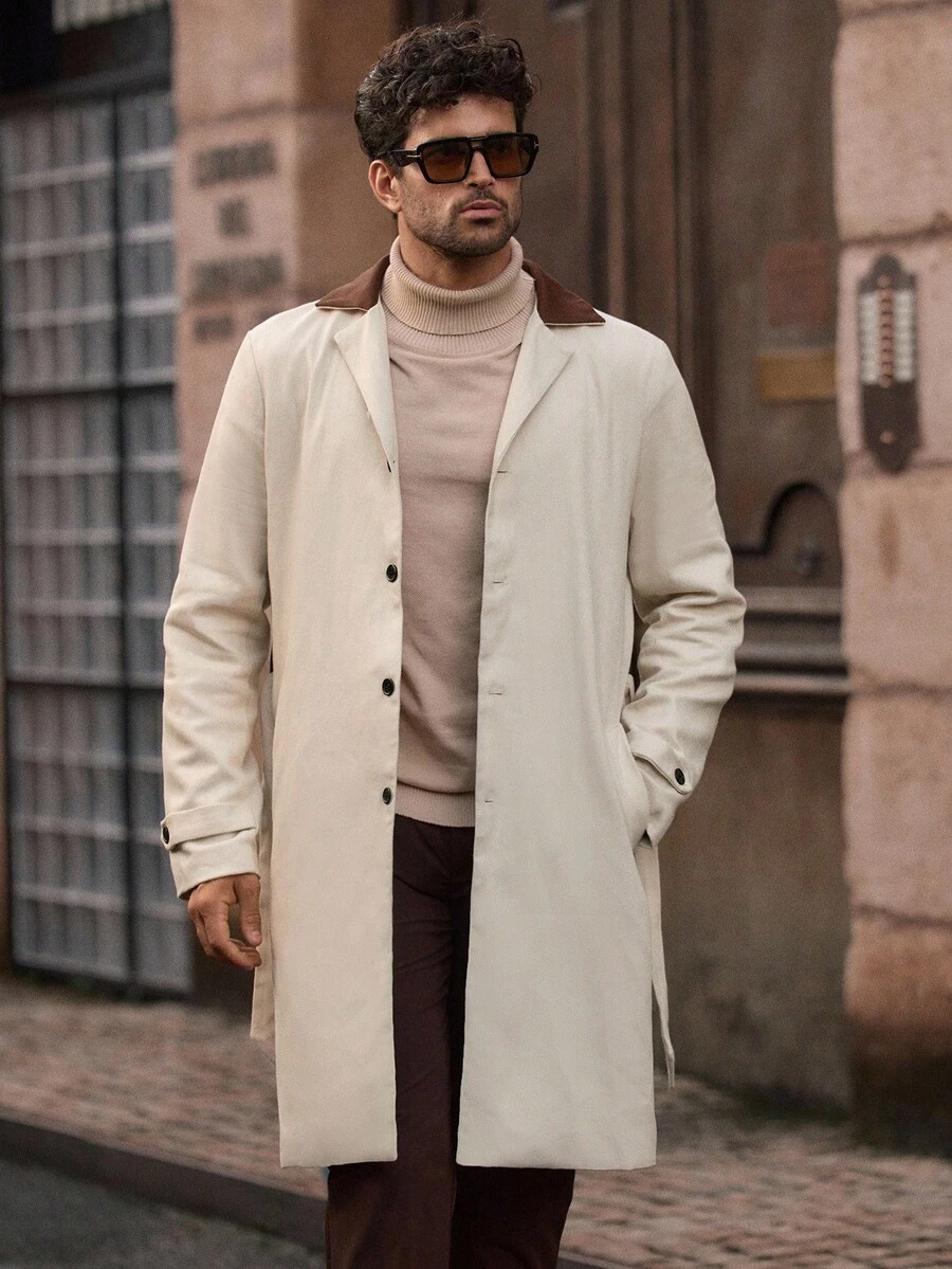 Mainfolk Men's Casual Woven Long Contrast Collar Fashion Trench Coat, Old Money, Fall, Winter - Multicolor - View 1