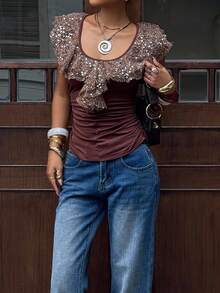 SHEIN EZwear Women's Summer Fashion Sequin Ruffles Patchwork Ruched Slim Fit Tank Top ,Y2k Clothes Women, Western Women Wear, Bohemian Clothes For Women ,Clubs Women , Country Concert