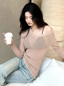 DAZY V-Neck Long Sleeve Fitted Sheer Overlay Top, Autumn - Apricot - View 3