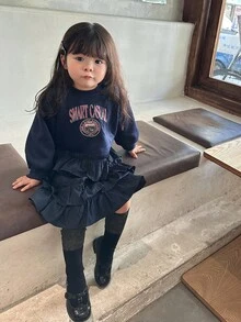 DAZY Infant/Toddler Girls' Ruffle Hem Korean Cartoon Letter Casual Dress - Navy Blue - View 4