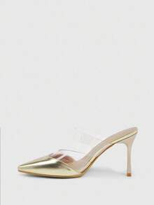 CUCCOO SZL Mules de tacón alto de stiletto con puntera puntiaguda, transparentes, con empalme dorado, para fiesta de noche, de estilo sencillo y fácil de poner para mujer