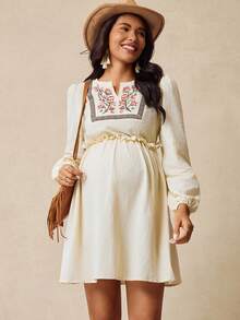 Boho Mama Abito casual da maternità per vacanze, con ricamo floreale e maniche a lanterna, autunnale - Albicocca - Visualizzare 5