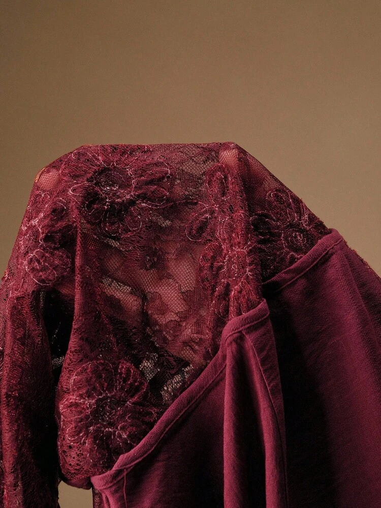 Plus Size Women's Vintage Elegant Floral Flocked Embroidery Lace Patchwork Sheer Burgundy Party Loose Collar Blouse, Autumn/Winter