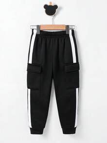 Young Boys' Casual Loose Fit Dark Gray Floral Print Sweatpants With Black Drawstring Waist And Pockets, Versatile For School, Home, Daily Wear, Sports, Birthday Party, Outings - Basic & Minimalist Fall Winter - Black - View 2