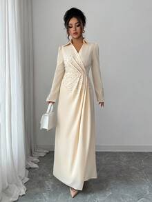 Elenzga 珍珠装饰优雅浪漫修身腰部 A 字形长袖开衩领女式连衣裙 - 杏色 - 查看 7