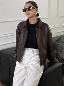 DAZY Autumn/Winter New Loose Casual Thick PU Women Regular Jacket