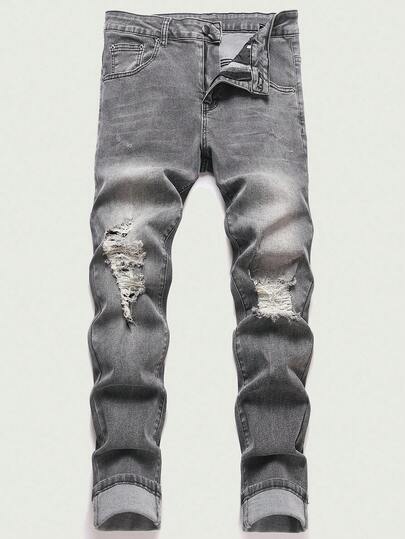 Manfinity Roughcore Jeans ajustados casuales de mezclilla con bolsillos y rotos para hombres