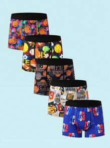 5pcs/Pack Boys' Fashionable Colorful Basketball Print Breathable Boxer Briefs, Suitable For Autumn & Winter - Multicolor - View 1